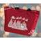 Red with winter scene of six snow-covered Christmas trees, with red ornaments. Above trees is Santa and his sleigh, pulled by 8 reindeer